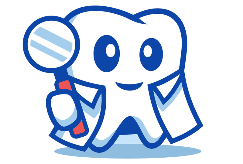 The image features a cartoon tooth character with a magnifying glass, holding a toothbrush and standing on a toothpaste tube base, with a playful expression and a friendly demeanor.