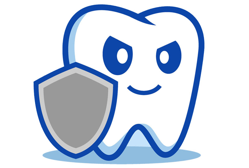 The image features a stylized cartoon tooth character with a shield and a toothbrush, standing on a white background.