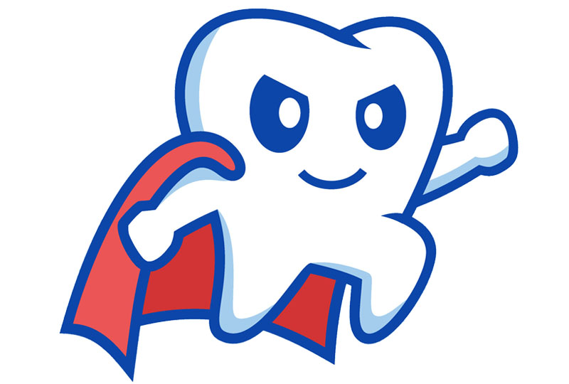 The image features a cartoon tooth character with superhero-like attributes, wearing a red cape and holding a red flag, set against a white background.
